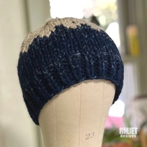 NEW Blue + Oatmeal Wool Blend Handmade Knit Beanie hat Unisex Winter Hat